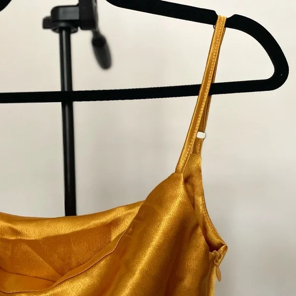 Mustard Midi Spaghetti Strap Bodycon Drawstring Ruched Side Slit Dress| Small - Picture 7 of 11